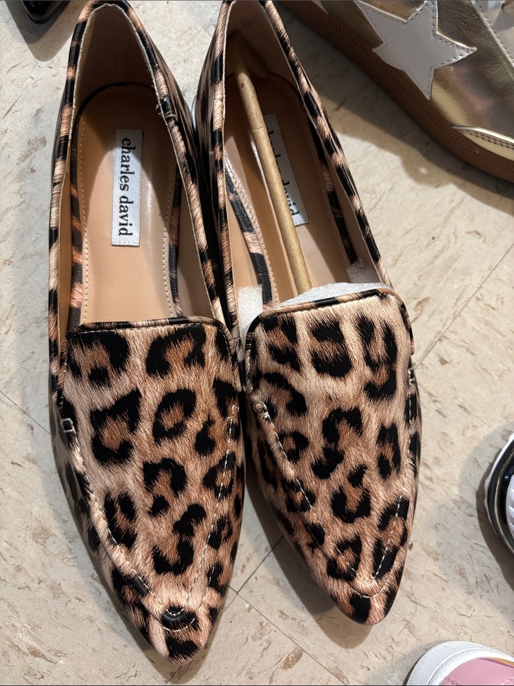 Charles David Leopard-Print Pointed Loafers in Tan and Black